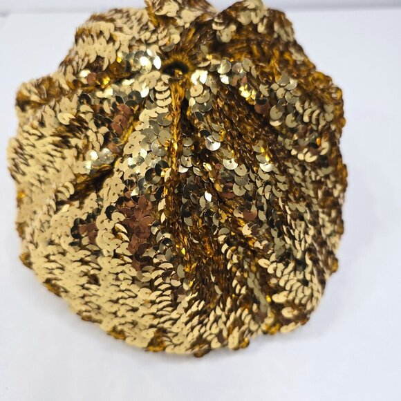 Vintage 70s 80s Gold Sequin Beret Slouchy Stretch - Picture 6 of 8